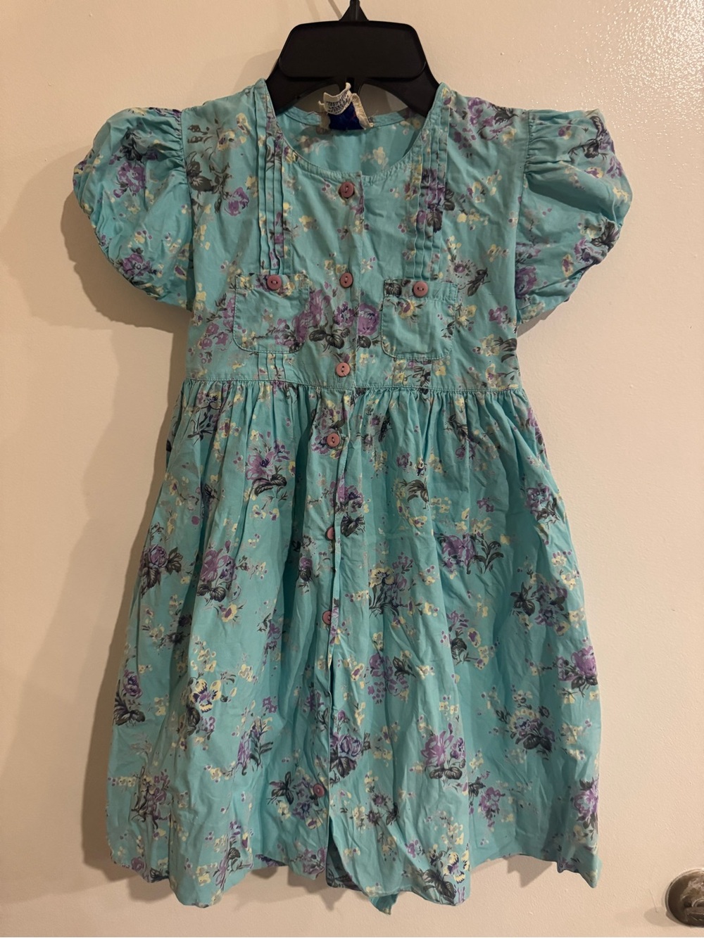 Vintage Girls' Floral Puff-Sleeve Dress - Teal Blue